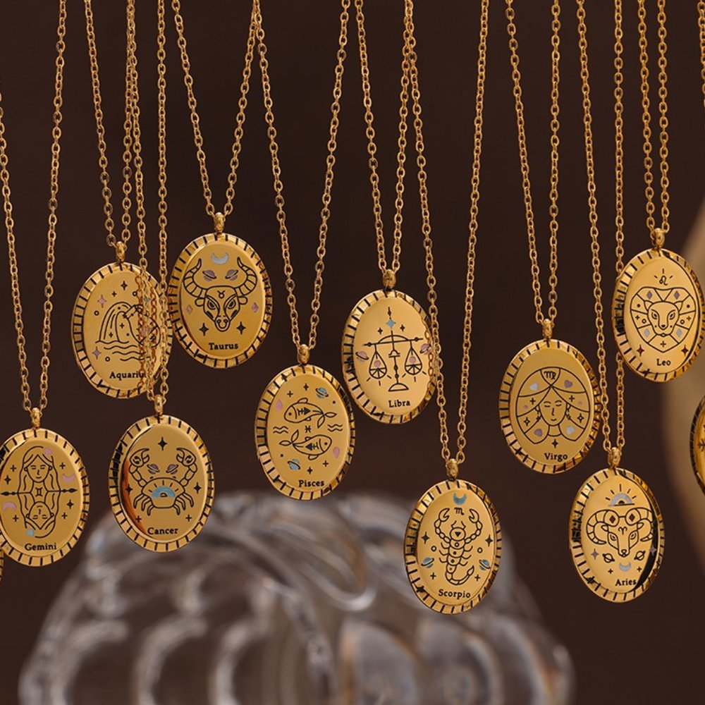 AQUARIUS--NEW 18K Gold Plated  Sign Zodiac Oval Pendant Necklace - Picture 3 of 5